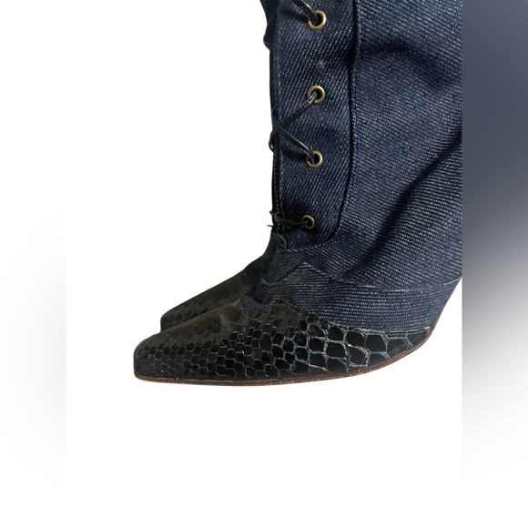Christian Dior Y2K Denim and Snakeskin Leather Lace Up Knee High Heeled Boots - Picture 6 of 13